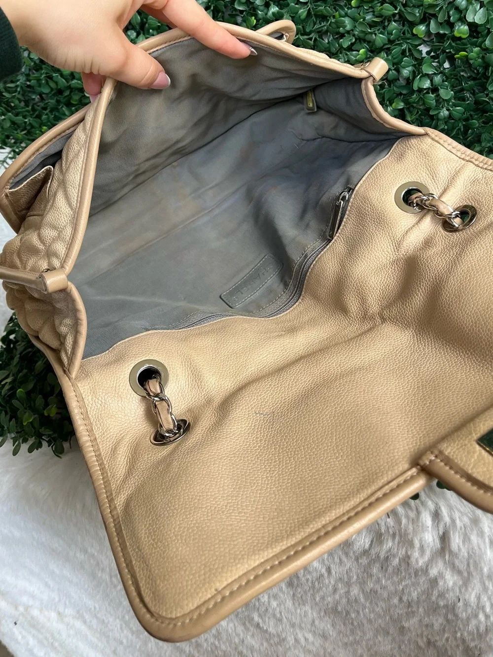 CHANEL Beige Quilted Leather Shoulder Bag with Silver-Tone CC
